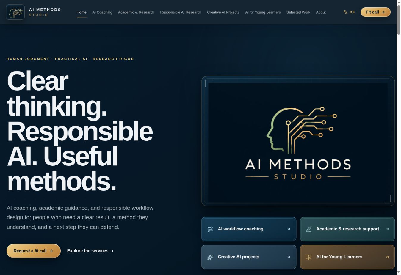 Current AI Methods Studio homepage with a marine blue and gold service design