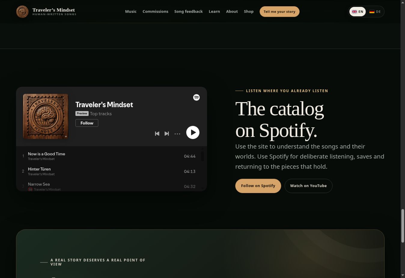 Current Traveler’s Mindset homepage with a dark music-led editorial design